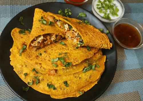 Fluffy Besan Cheela with Yogurt Dip